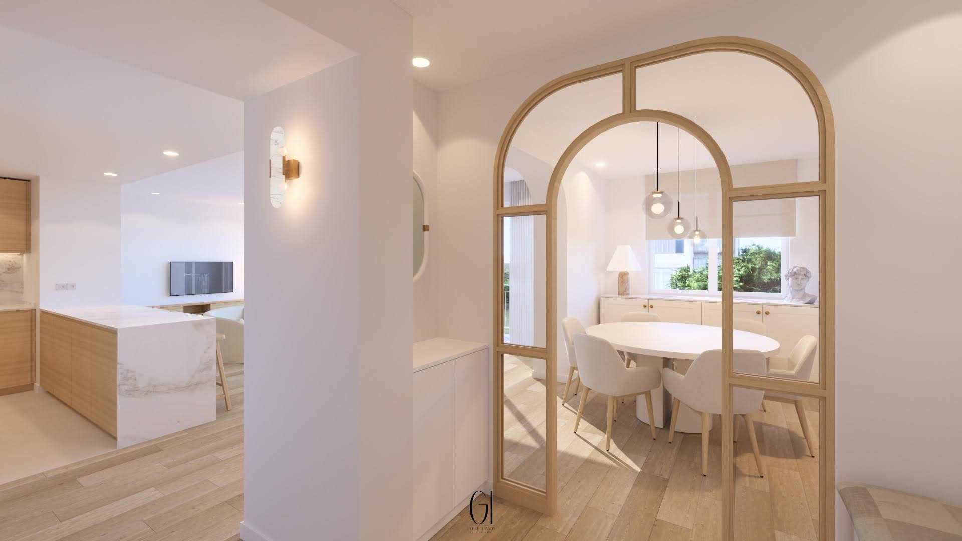 Rendu 3D de la salle à manger et de l’arche – Appartement Bagatelle – Georgia Isson